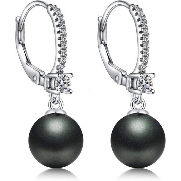 18K White Gold Plated Pearl Earrings for Women,, Cubic Zirconia Pearl Diamond - Picture 1 of 6